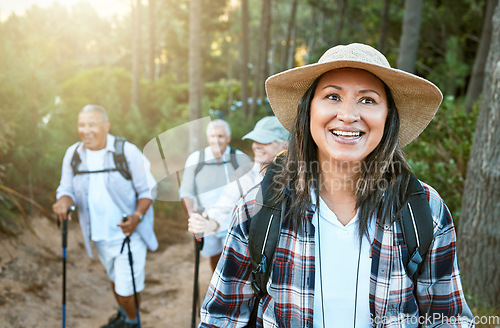 Image of . Hiking, adventure and exploring with a senior woman and her retired friends on a hike outdoors in nature. Enjoying a walk or journey of discover in the forest or woods for leisure and recreation.