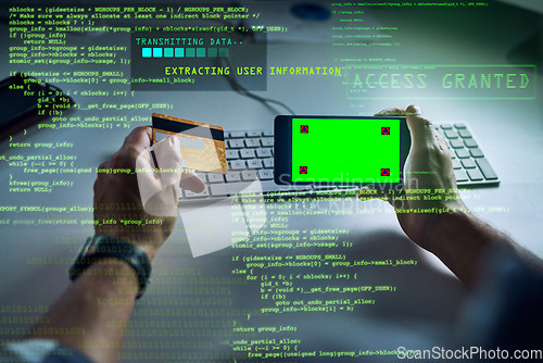 Image of Hacking credit card with phone, green screen chromakey markers or copy space and sci fi graphic data. Cyberpunk, information technology or software hacker man stealing online or phishing with malware