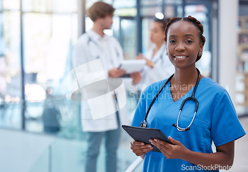 Image of Nurse, professional and healthcare worker with tablet in medical center, clinic and hospital while analyzing test result. Portrait of frontline worker showing trust, care and knowledge about medicine