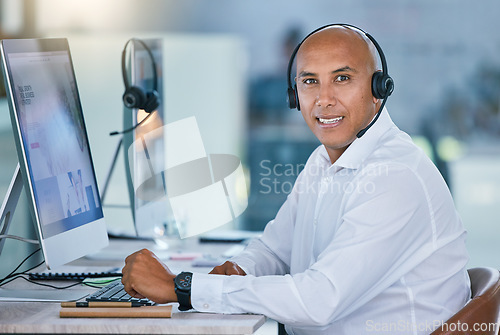 Image of Call center agent, sales man and customer service support operator giving friendly, help and good advice while working on computer. Portrait of smiling hotline consultant, helpdesk and contact us