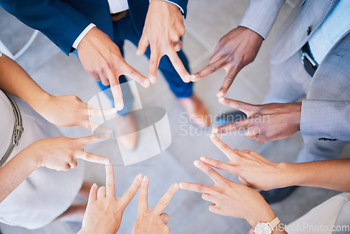Image of Group of colleagues peace sign hands together for victory, success and unity or teamwork, collaboration and bonding. Diverse team show support, global synergy and community, united for common goal.