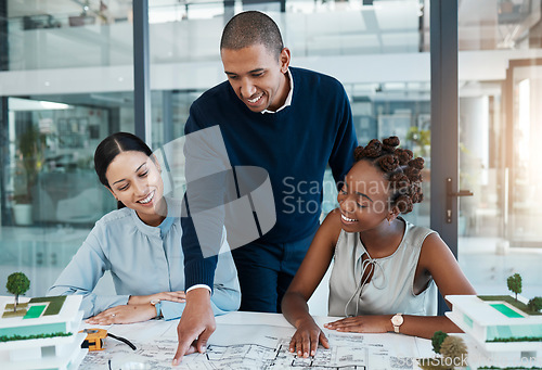 Image of Meeting architects, blueprint and building engineers with vision talking, planning and discussing structure design on paper. Group diversity or team of professional designers sharing innovation ideas