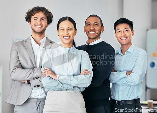 Image of Businesspeople, team or group of young professionals, staff or interns in unity at office. Portrait of diverse company employees, colleagues and coworkers of b2b advertising and marketing agency