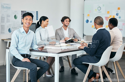 Image of Corporate office presentation or meeting of business people planning company budget and growth strategy. Advertising and marketing agency team in collaboration for future development and success