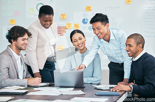 Image of Business meeting, planning and teamwork while sharing idea on laptop for innovation by marketing team discussing research and crm. Diverse colleagues talking vision and mission for growth development