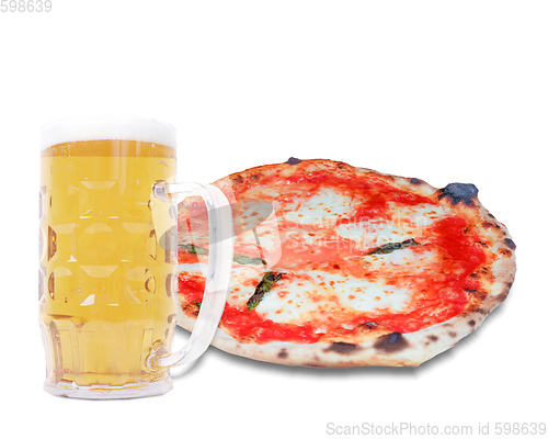 Image of Margherita pizza and Beer with copy space