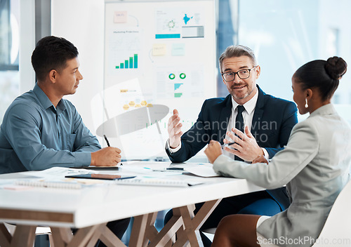 Image of Business manager, accountant or investor in a finance, marketing or company meeting presentation with team of investment advisors or boardroom members. Corporate people planning strategy and growth