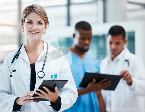 Image of Science, innovation and health care with leading doctors working on digital tablet, planning together. Diverse healthcare professionals discussing medicine, treatment researching a cure for cancer