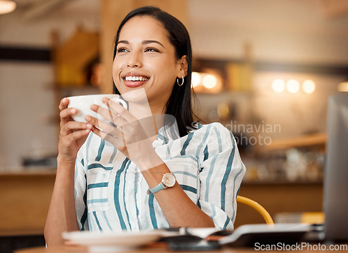 Image of Thoughtful, relaxed and satisfied woman drinking coffee, thinking and enjoying breakfast break in a cafe. Smile lady, joyful and having positive ideas while sitting with a warm tea or beverage