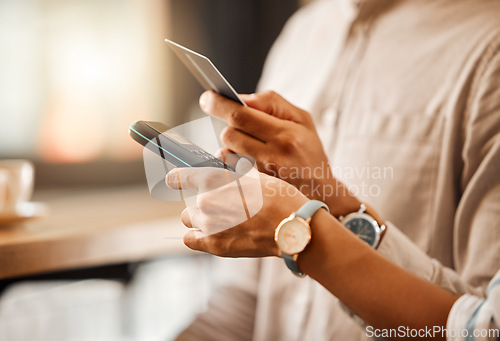 Image of Hands paying with credit card and machine at shop, buying a product at cafe and making contactless payment at restaurant. Customer making nfc purchase, getting help from worker and waiter for service