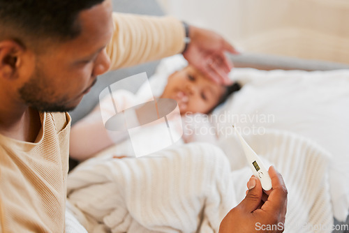 Image of Sick, cold and flu of sick child with caring and loving parent taking temperature of his daughter. Father on family responsibility leave to care, love and treat his little girl with fever at home.