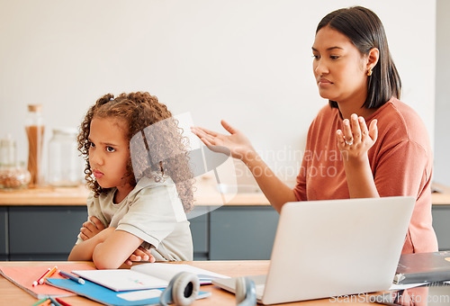 Image of Confused parent teaching upset daughter, home school angry or sad child online class work. Mother doesnt understand rude little girl with depression, anxiety or education learning disability.