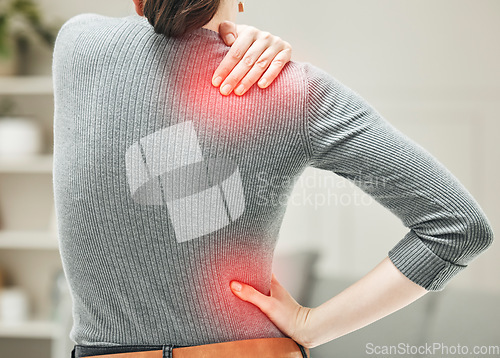 Image of Shoulder, hip and back pain of a woman touching and holding a painful area on her body in red. Closeup of a female feeling strain, ache and discomfort from a glowing muscle injury problem.