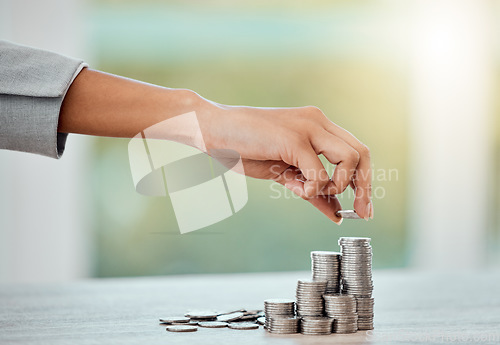 Image of Saving, money and growth for small business finance, coin stack of money for growing economy. Financial wealth and investment for profits, accounting or economics in the workplace over copy space