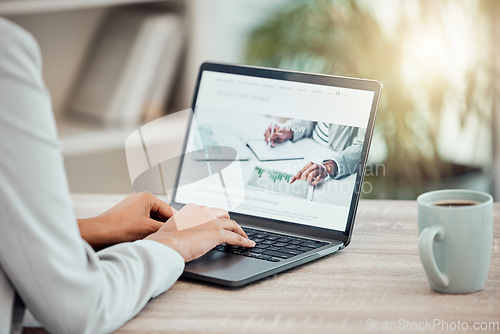 Image of Professional worker reading an email on a laptop, looking at stocks or watching the news online at home. Lawyer planning, writing and working on a problem or case in a modern office at work.