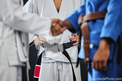 Image of Handshake, karate and martial arts teamwork in competition, challenge and combat fight in wellness studio. Black belt trainer and sports fitness coach in gym workout, exercise and training for health