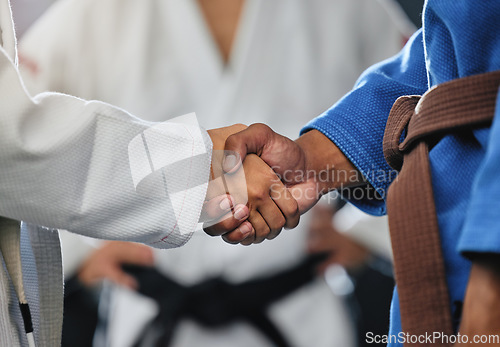 Image of . Handshake, respect and discipline with mma, karate and fight students shaking hands before a match or combat sport in a training gym or dojo. Training, exercise and workout in self defense class.