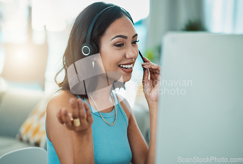 Image of Call centre, customer service and agent with headset, computer and talking to customers, helping or answering calls in office. Smiling, happy or friendly helpdesk operator and contact client support