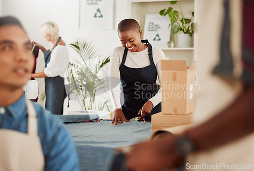 Image of Fashion designer and creative stylist cutting fabric, sewing clothes and planning costume design in workshop. Smiling, happy and young woman in textile, clothing and manufacturing studio or factory