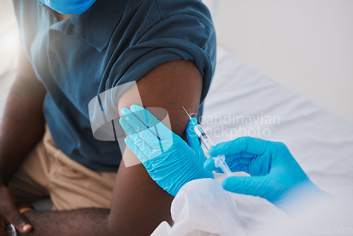 Image of Closeup vaccine, injection and medicine for covid, monkeypox or ebola with doctor, healthcare or medical professional. Frontline worker in using syringe or needle to inject clinic or hospital patient