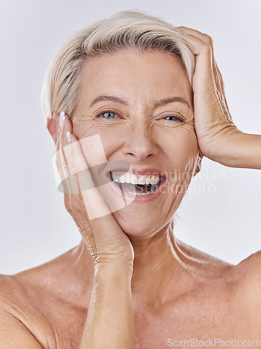 Image of Skincare, wrinkles and face of old woman or model in beauty, cosmetics or flawless skin portrait isolated on studio background. Big smile senior lady posing with anti aging skin care wellness routine