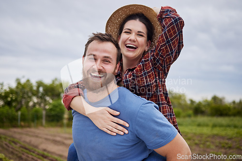 Image of Couple, love and sustainability with a man and woman together on a farm in the agriculture industry. Portrait of a farmer working in a field for sustainable, zero waste and eco friendly farming