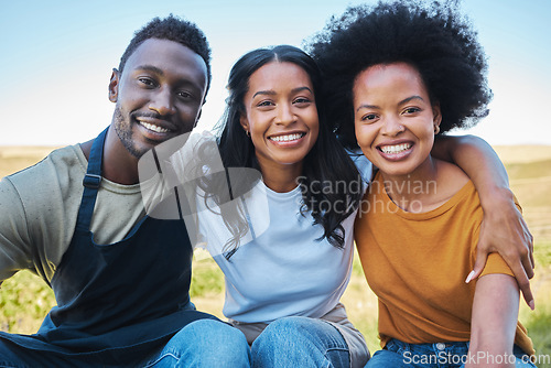 Image of Diversity, black afro friends hugging, bonding and smile together outside. Happy group of people enjoying vacation and having fun during summer with friendship on their holiday and nature travel