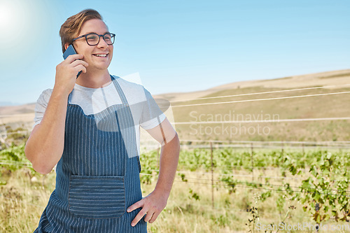 Image of Vineyard, grape farm and farmer on phone call with happy smile for good new or online success in countryside or agriculture industry. Sustainable female on cellphone making small business investment