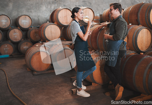 Image of Wine distillery owners tasting the produce in the cellar standing by the barrels. Oenologists or sommeliers drinking a glass of chardonnay or sauvignon blanc inside a winery testing the quality