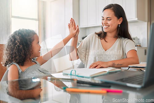 Image of High five, homework and mom celebrating with preschool student for learning, goals and writing notes successfully. Teamwork, smile, and happy mom celebrates education with her kindergarten baby girl