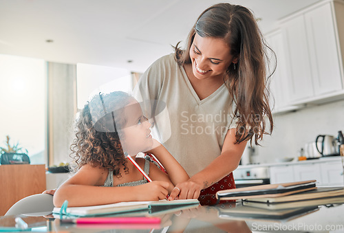 Image of Homeschool, learning and bonding with a mother and daughter doing homework in the kitchen at home. Happy parent helping her child with a school task, smiling, talking and enjoying time together