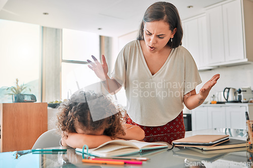 Image of Autism, frustrated and bad mental health behavior by child and frustrated mother during homework. Annoyed, abuse parent angry with crying child suffering from ADHD and hiding, afraid and depressed