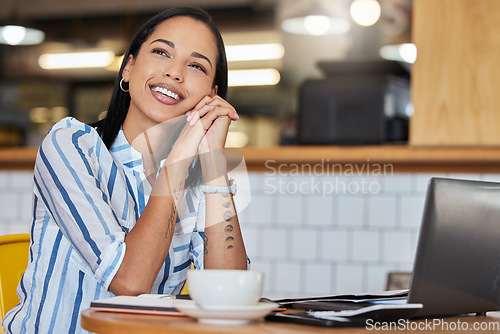 Image of Thinking coffee shop manager or cafe entrepreneur with menu vision ideas, planning innovation and preparing schedule. Woman in restaurant dreaming of success and calculating startup finance on laptop