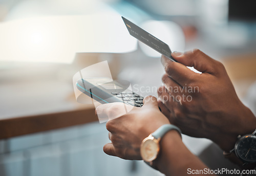 Image of Credit card payment by a retail customer paying using digital technology after getting money from the atm. Finance, security and hands of business people shopping, nfc and buying at store for a sale