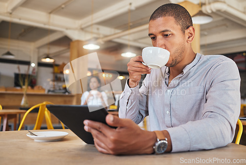 Image of Restaurant, cafe business or bakery customer drinking coffee or tea on break, streaming or scrolling on social media. Relaxing consumer working freelance or doing online shopping on tablet