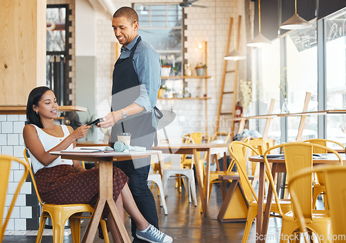 Image of Waiter, retail and coffee shop customer tapping phone on machine for secure and easy mobile payment at cafe store. Trendy small business owner using snap scan transaction to pay for goods or service