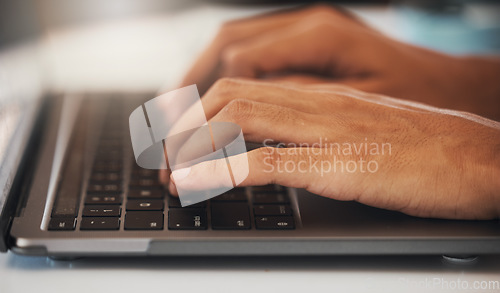 Image of SEO, manager or advertising agent hand closeup typing a blog, email or searching the web on laptop at work. Vlogger or influencer fingers writing and planning marketing strategy for social media.