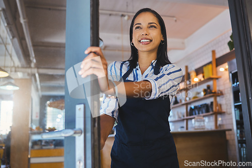 Image of Welcome to opening cafe, entrance door and store of coffee shop, restaurant or small business. Happy manager, proud entrepreneur and hospitality worker ready for good waitress service in open startup