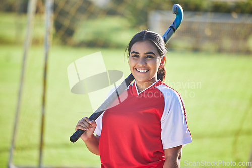 Image of Happy female hockey coach portrait, womens team sport player with natural field background outdoors alone. Confident athlete training for competition, motivation fitness and collaboration exercise.