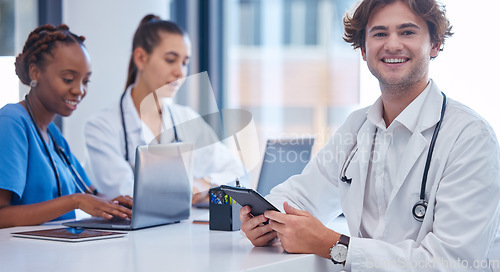 Image of Team medical students or doctors consulting team mentors or healthcare physicians discussing patient medicine treatments in hospital. Professional male gp consulting nurses about illness diagnosis