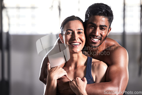 Image of Muscular, strong and sensual couple with fit, healthy and sweaty arms from workout training in wellness gym. Hot, perfect and fit boyfriend and girlfriend hugging, embracing after endurance exercise