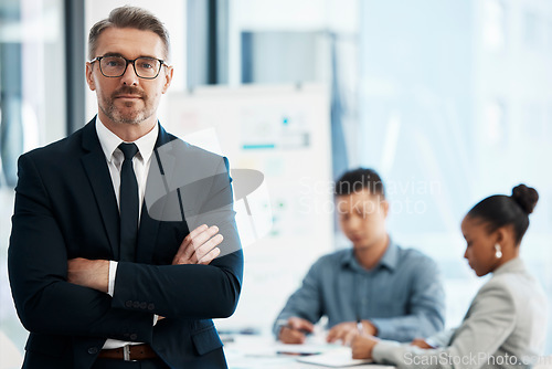 Image of Leader, manager and ceo working in management for a corporate company with vision, leadership and confidence for startup success. Portrait of serious executive, business man and boss in an office