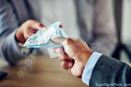 Image of Hands of a businessman, paying money for a service, contract or purchase agreement. Closeup of depositing notes into a bank for investment. Cash, corruption and a financial bribe