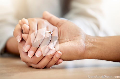 Image of .Married couple hands for loving trust and empathy or support. Husband being understanding for wife infertility show love, help or hope. Man feeling compassion, kindness and affection for partner.