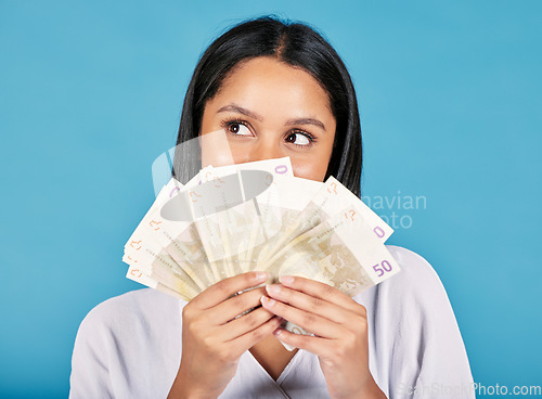 Image of Money investment, finance and bank notes with after cash savings, budget and winning the lottery. Excited or happy woman, financial advisor or accountant with vision, loan or future money growth goal