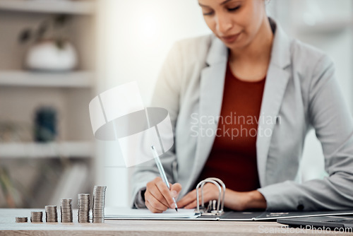 Image of Pay, money and hands busy with tax files for the financial year and season. Advisor or accountant doing paperwork and checking debt for client as well as profit that should be paid to their account.