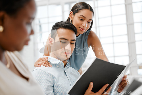 Image of Workplace harassment, sexual abuse and unprofessional behavior from flirting business woman touching a coworker in an office. Awkward man feeling uncomfortable with unethical relationship and affair