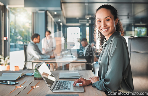 Image of Happy entrepreneur, professional and smile business woman planning on laptop for career success, motivation and startup growth. Portrait of confident, empowered and positive young worker in an agency