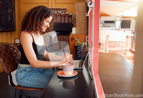 Image of Coffee shop owner, cafe manager or startup company woman on her laptop working, planning and organizing project ideas for website. Happy, smiling and excited business freelancer doing SEO research