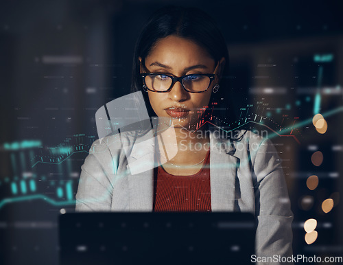 Image of Finance business woman working on laptop in dark office, trading and learning on internet in a dark office at night. Cgi of manager and corporate worker doing stock market analysis and research